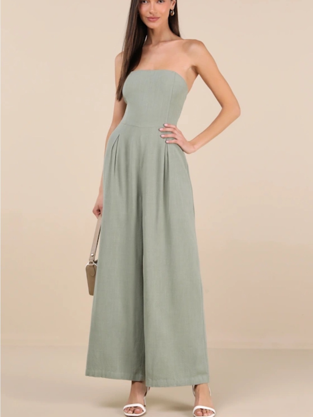 Lulu's Strapless Wide-Leg Jumpsuit in Sage - Picture 3 of 5